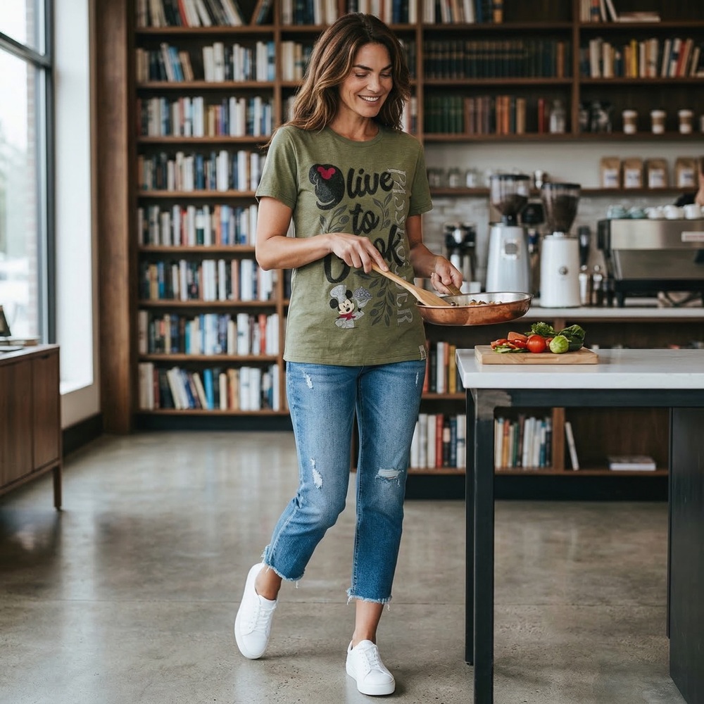 Disney “Live to Cook” Mickey Mouse Graphic Tee Olive Green Casual Shirt | Women